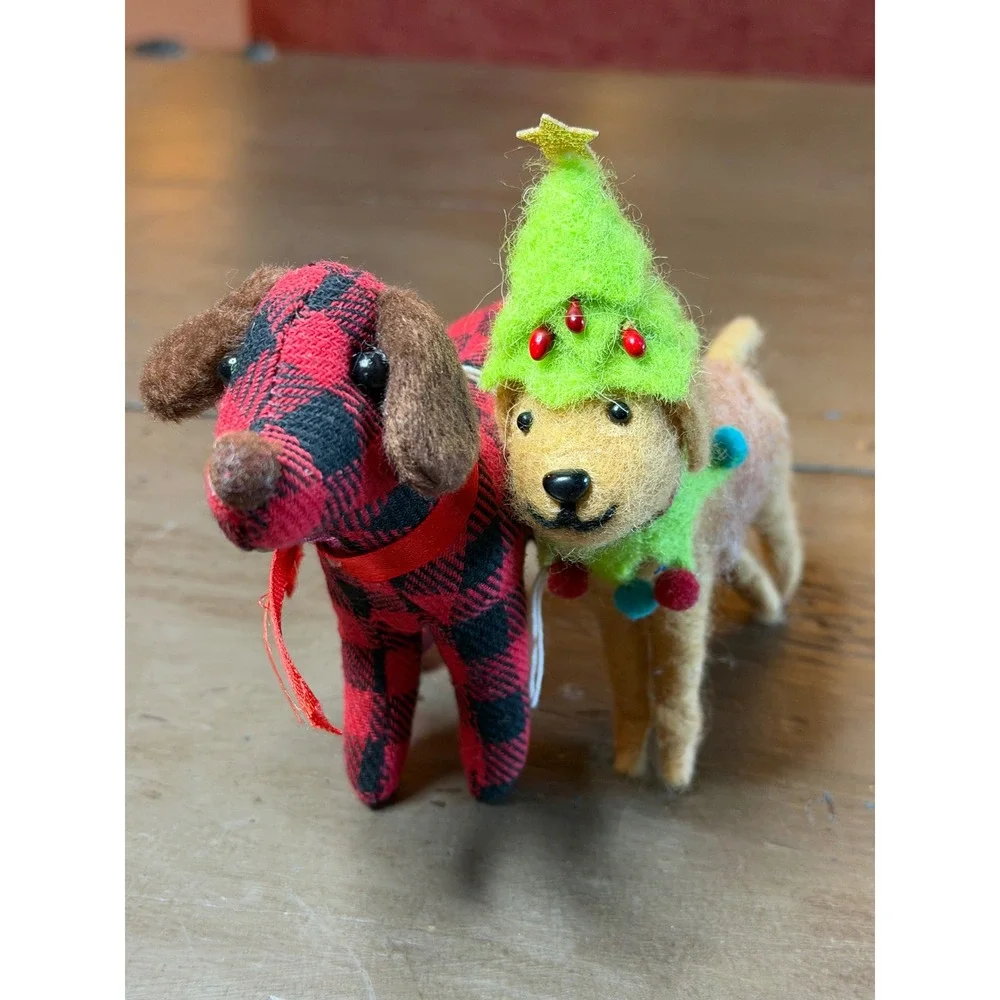 Cabin Christmas Dog Ornaments Buffalo Plaid & Felted Animal Set of 2 5in